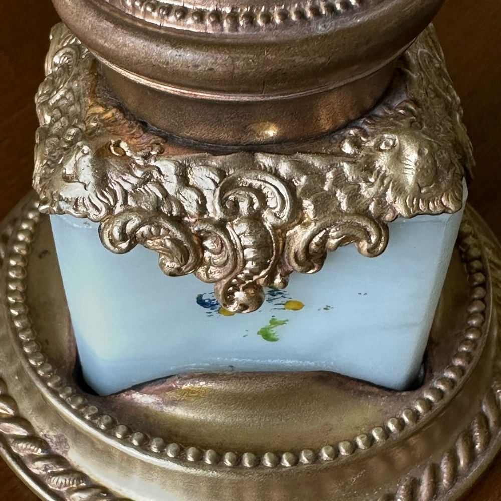 Antique French Opaline Glass And Brass Inkwell w/Jeweled Top - Picture 4 of 10
